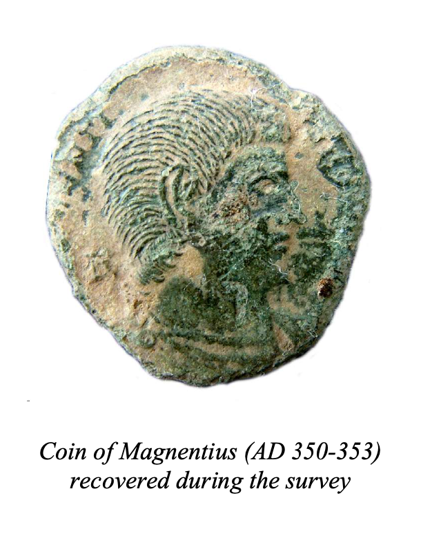 Coin of Magentius (AD350-353) recovered during the survey Coin of Magentius (AD350-353) recovered during the survey